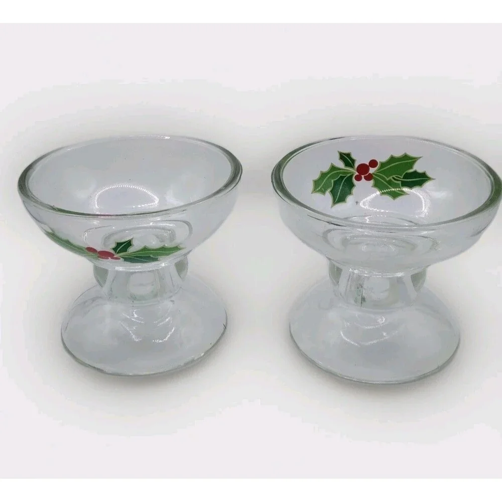 Vintage Holly Candlestick Holders Glass Leaves Berries Holiday Christmas 1981